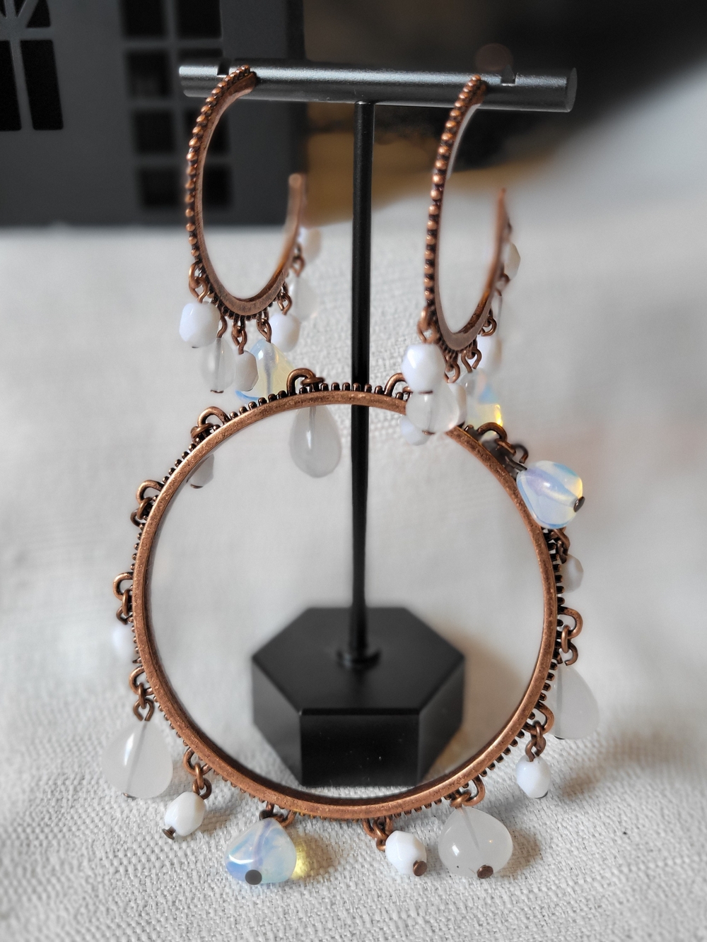 Copper Hoop Earrings and Bracelet with White Opalescent Beads